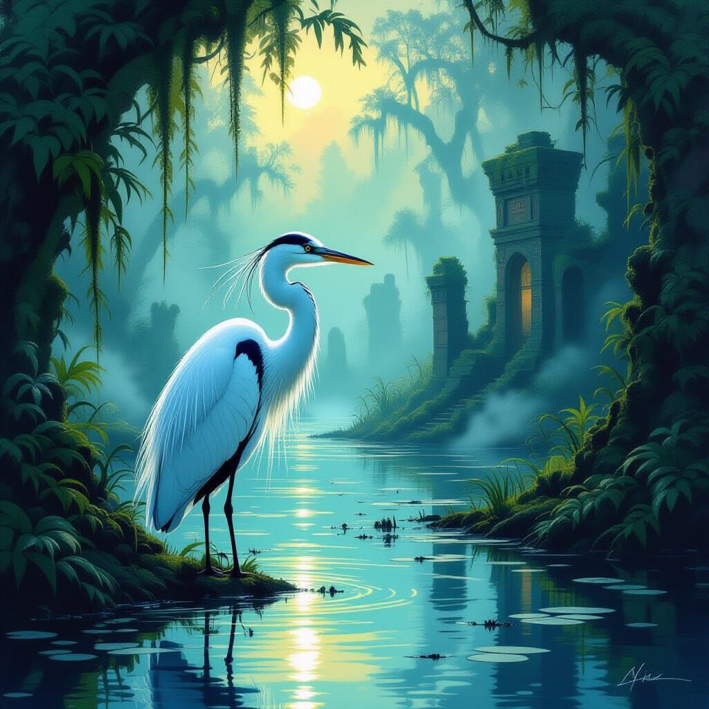 Majestic Heron in Bioluminescent Swamp Ruins