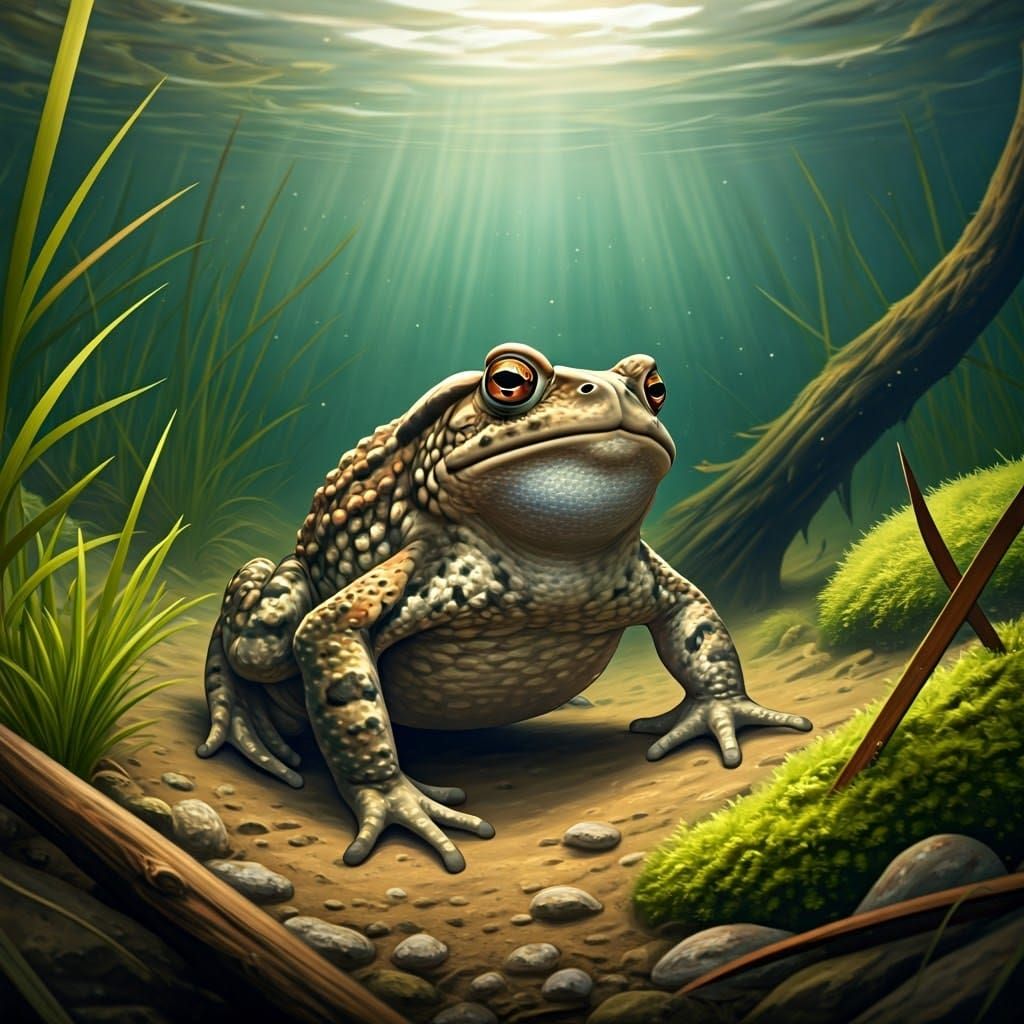 Toad in Algae-Covered Swamp Environment