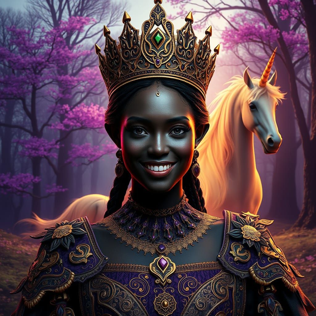 Medieval Woman with Unicorn in Dark Fantasy Style