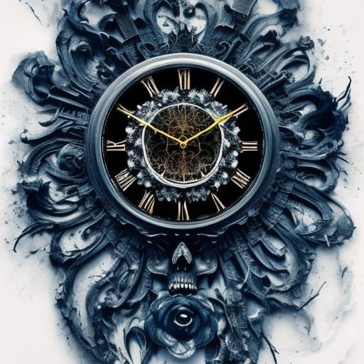 Death Clock of Skulls in Inkblot Oil Painting