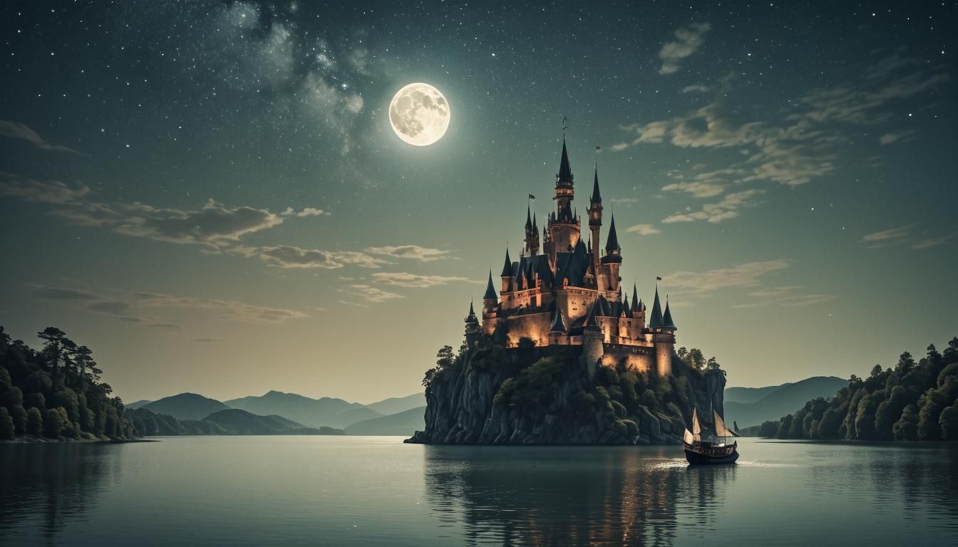 Fantasy Castle Boat Sails Under Moonlight