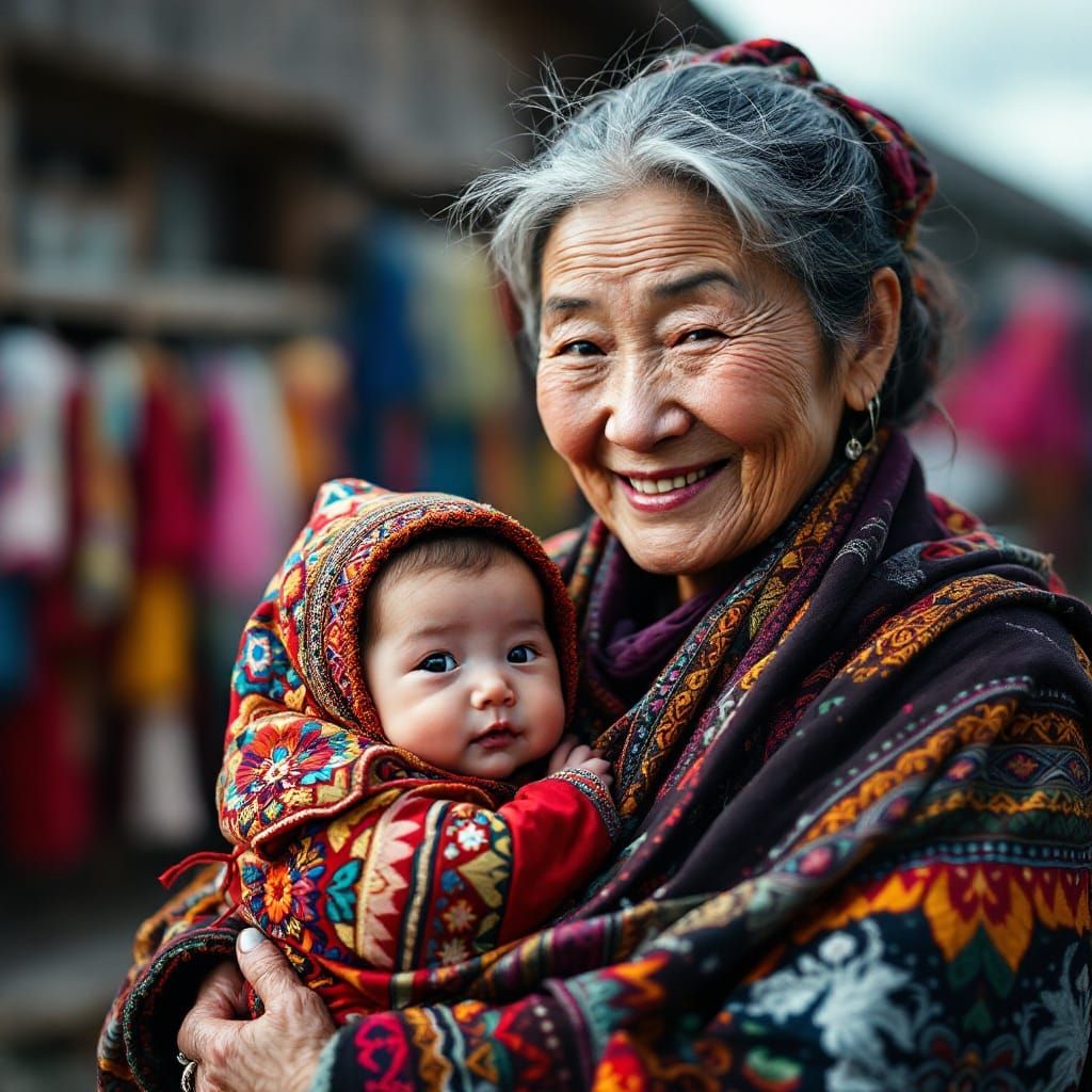Mongolian Senior Woman Cradles Baby in Traditional Deel Clot...