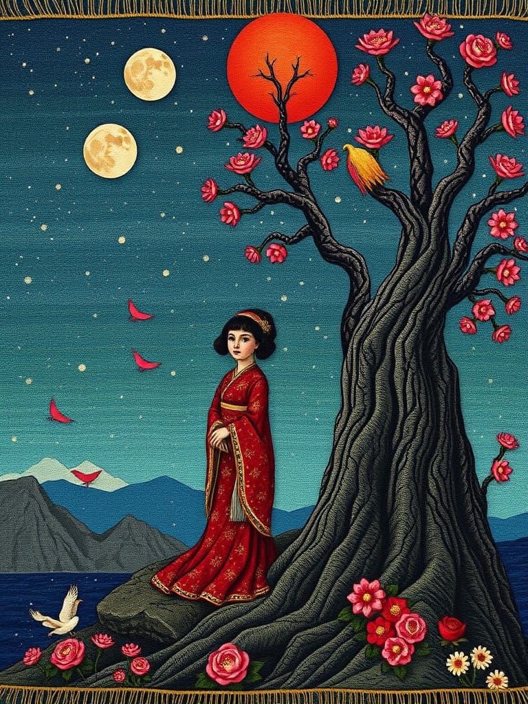 Woven Tapestry Surrealism Shoujo in the style of Adam Warren