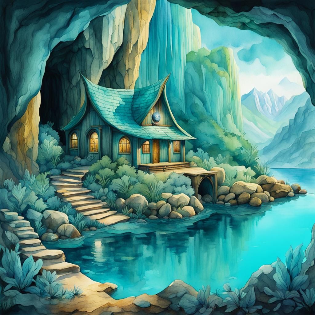 Wilderness Cave Lake: Watercolour Fantasy Illustration