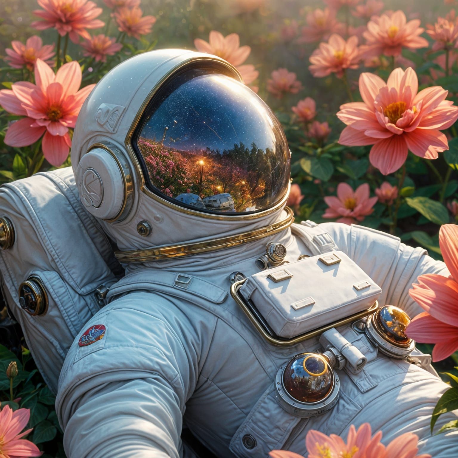 Astronaut in Flower Garden Reflecting Universe