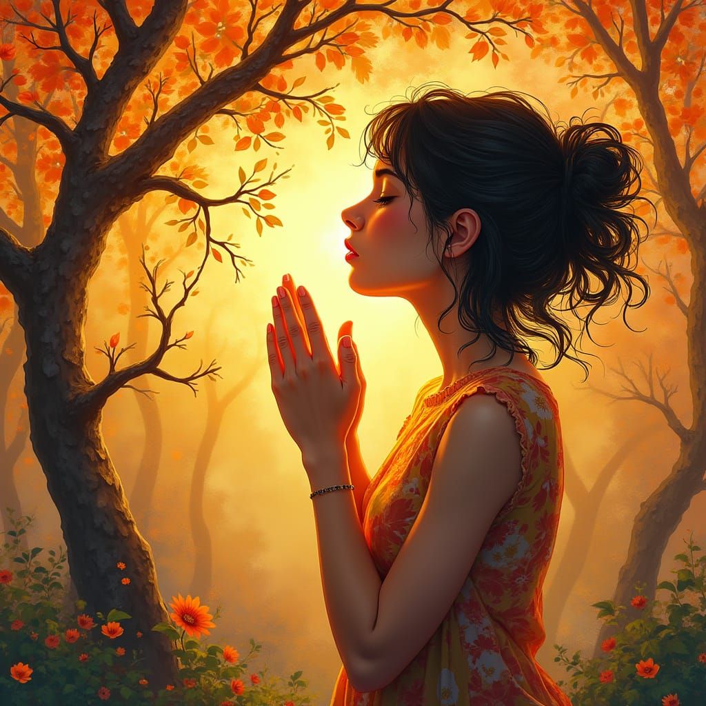 Contemplative Prayer Surrounded by Vines in Digital Art Styl...