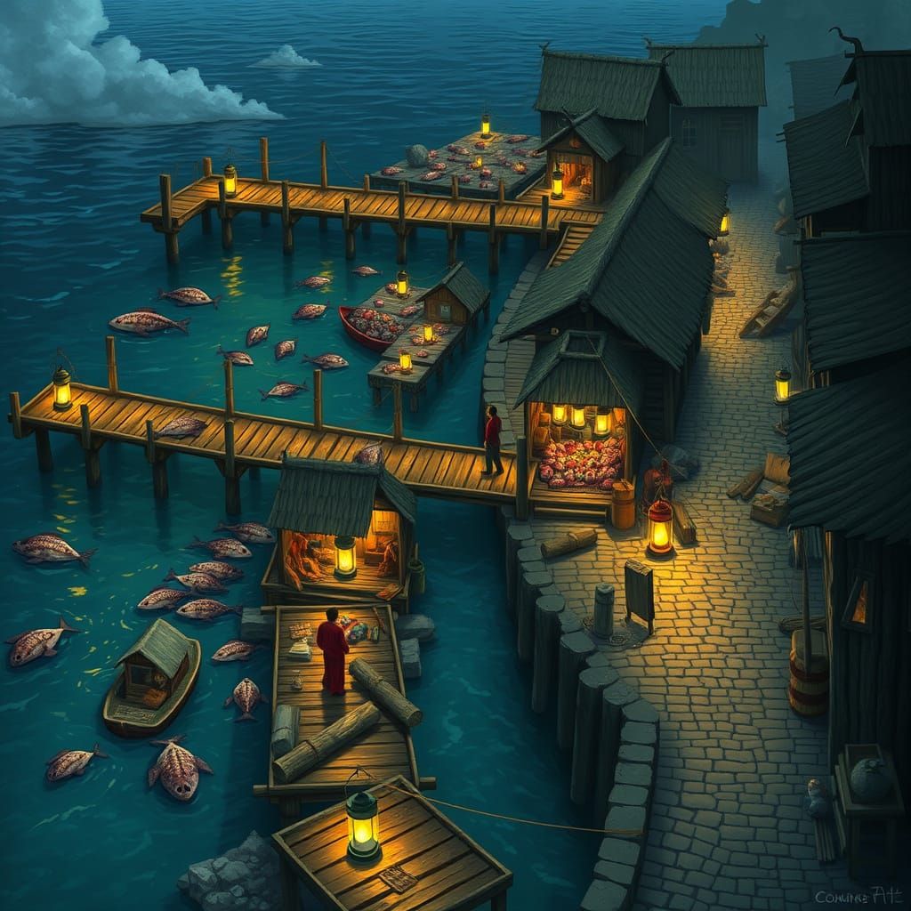 Stros M'Kai's Tidewhisper Pier in a Fantasy Coastal Scene