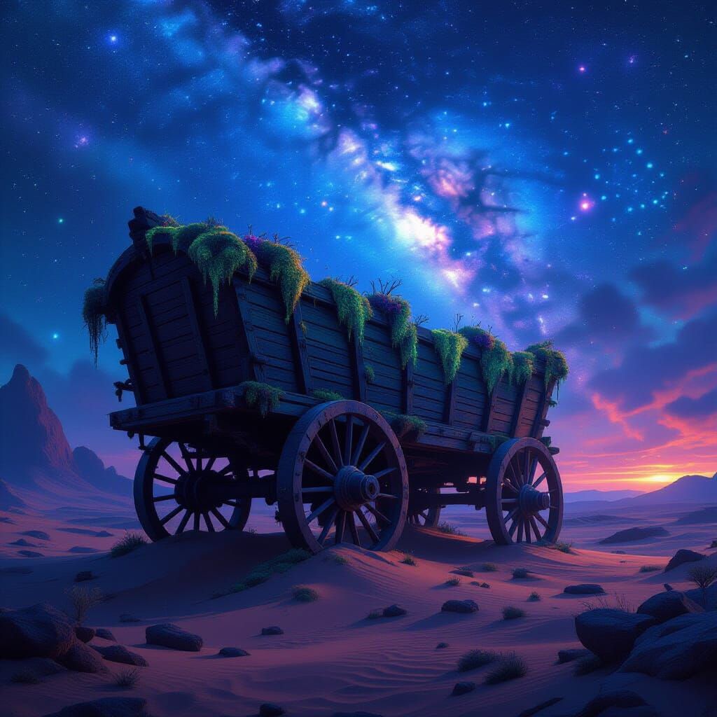 Ancient Alien Wagon on Desert Edge Under Nebula Sky