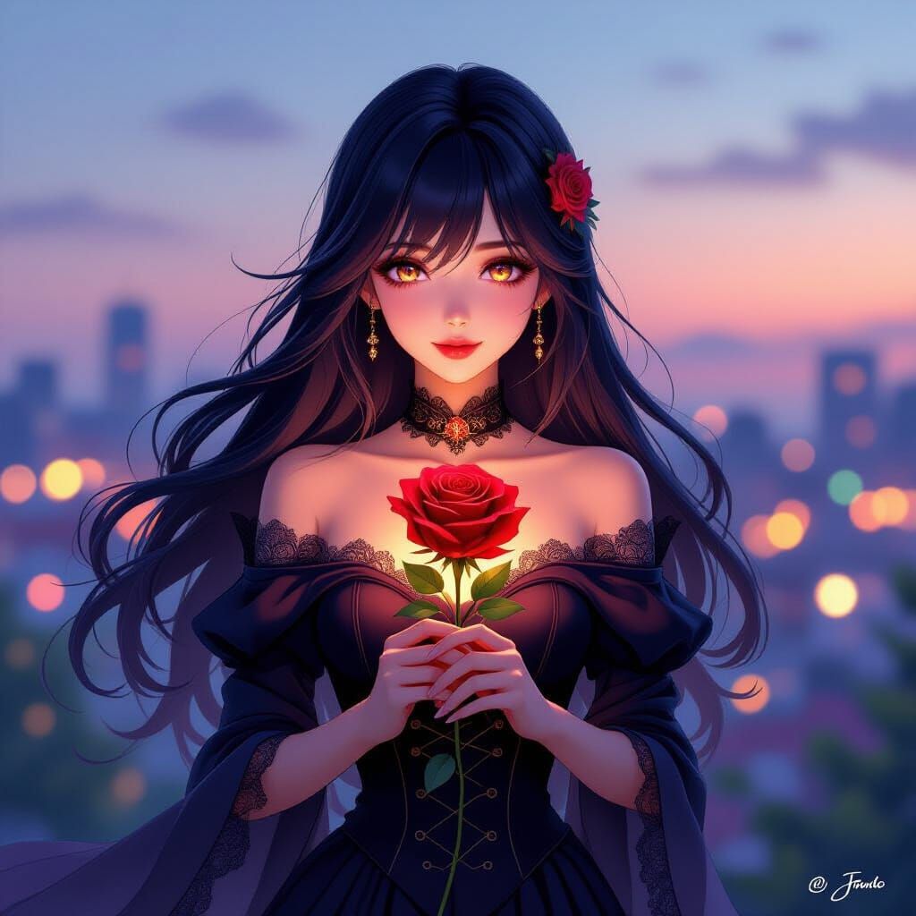 Anime Woman with Glowing Rose in Evening Light