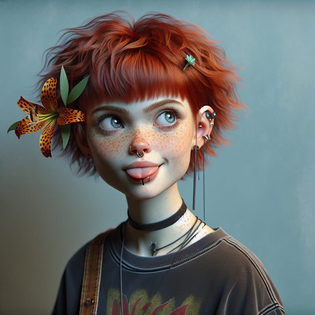 Holographic Portrait of Ginger-Haired Woman with Tiger Lily