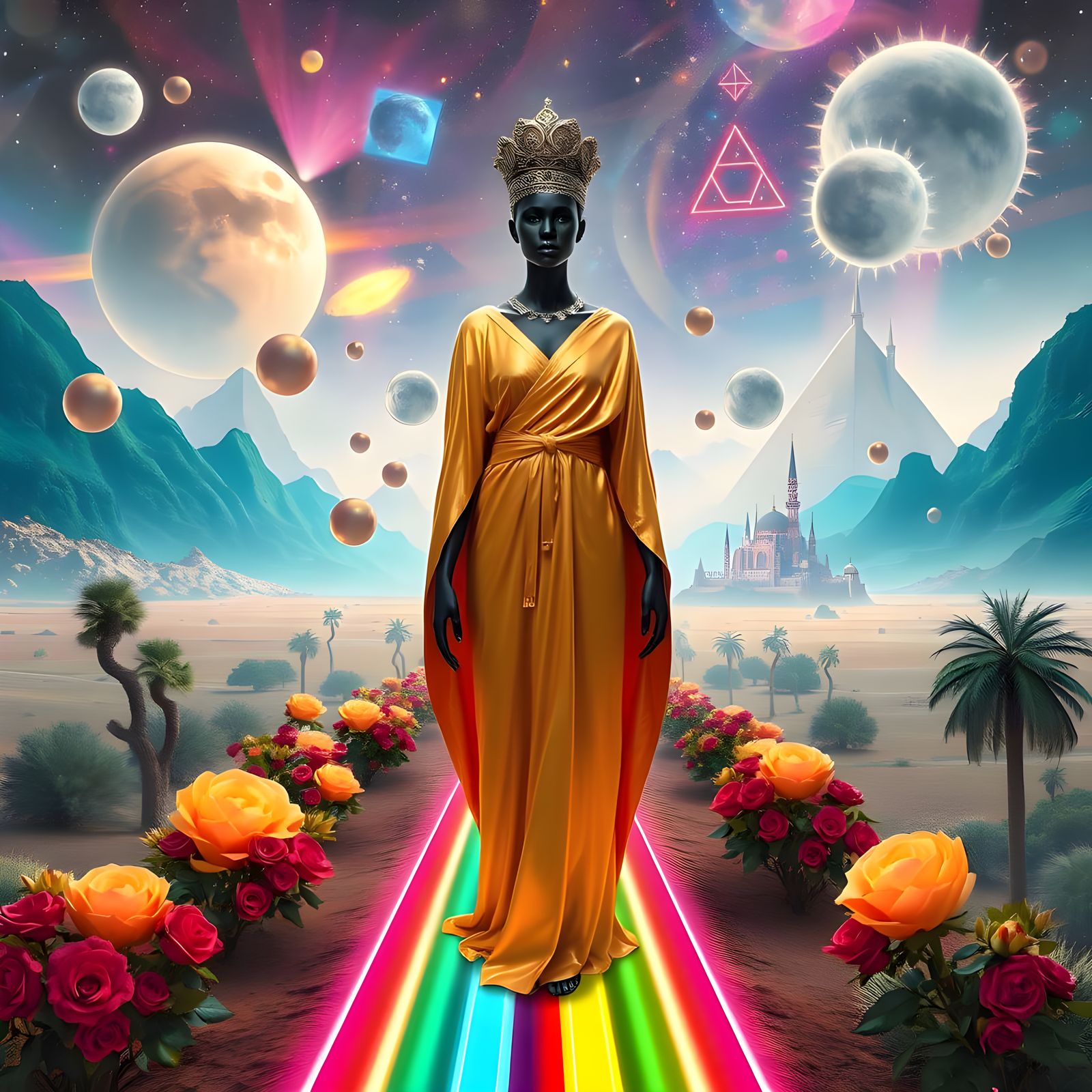 Galactic Queen Reigns Supreme in Futuristic Desert Landscape