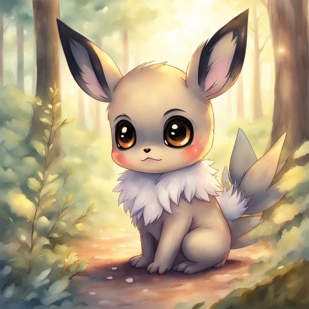 Chibi Pikachu with Big Eyes in Watercolor Forest