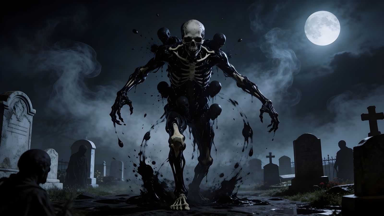 Skeleton Sorcerer Absorbing Souls in Midnight Graveyard