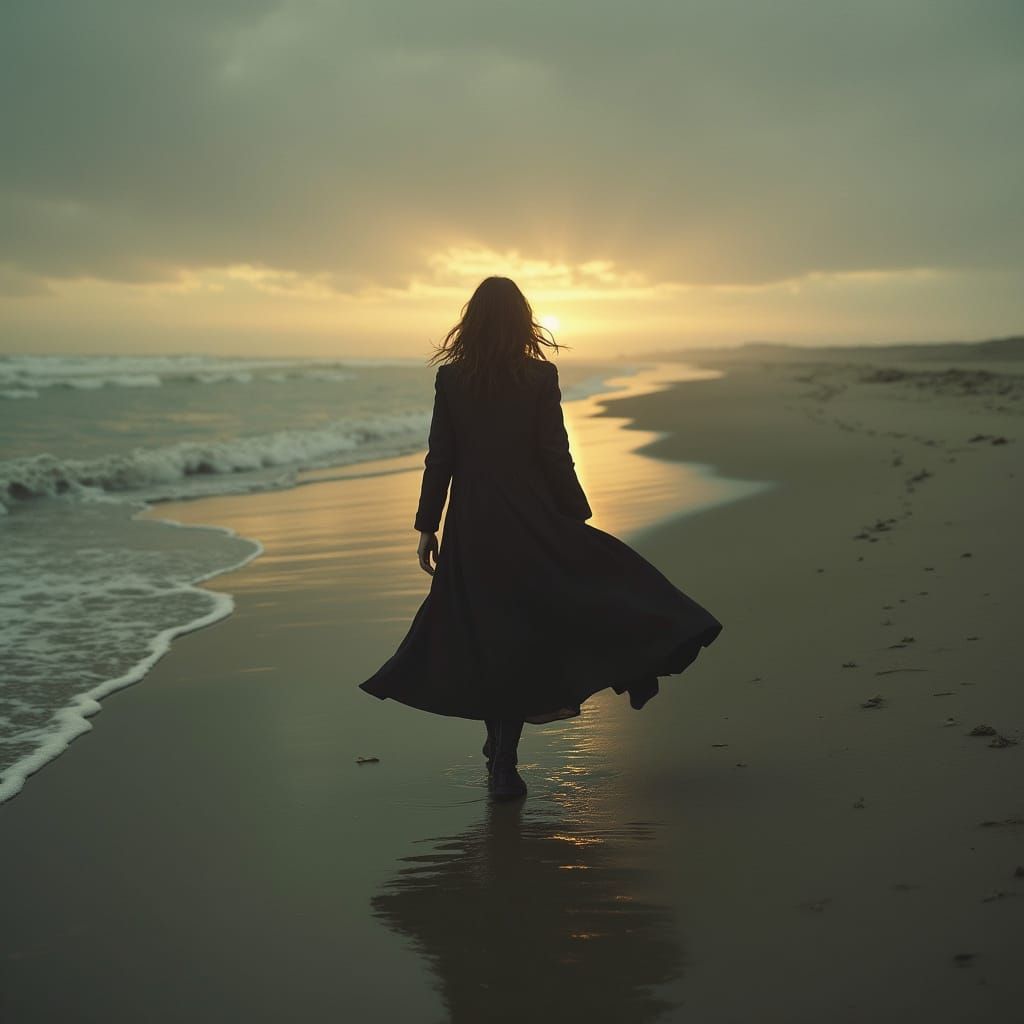 Woman on Beach at Sunset in Digital Art Style