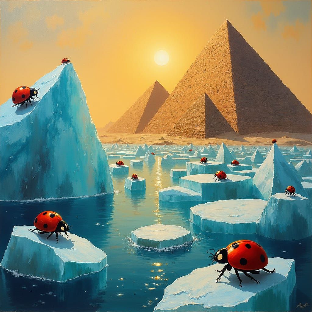Surreal Ladybirds Adorn Icebergs Near Pyramids