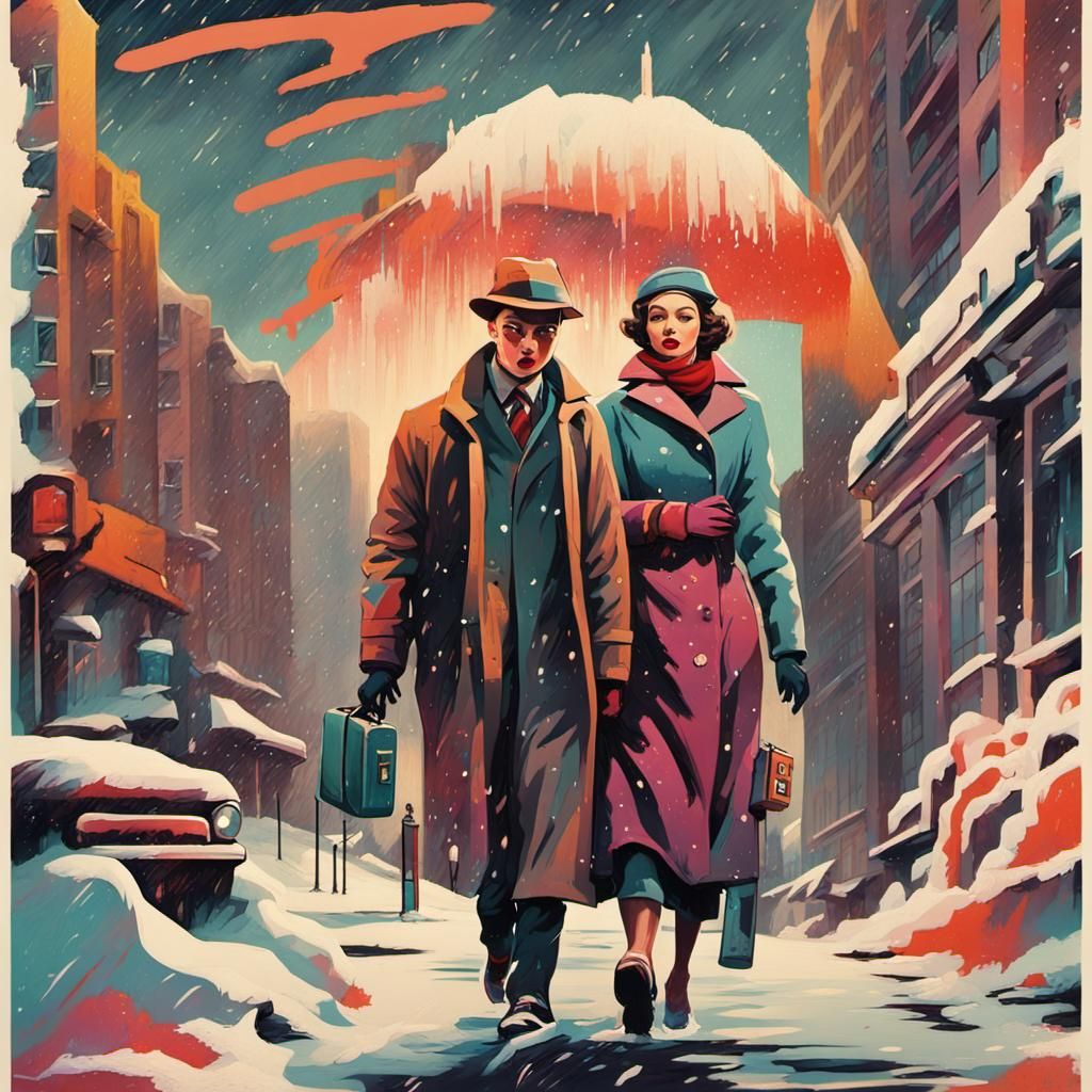 1950s Brutalist Propaganda Poster: Snowy City Street