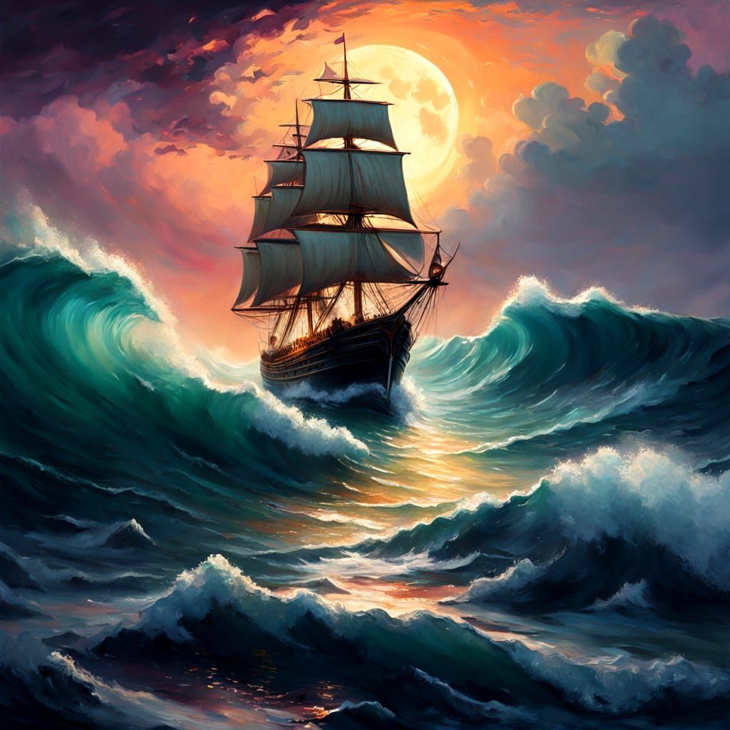 Majestic Ship on Luminous Midnight Waves