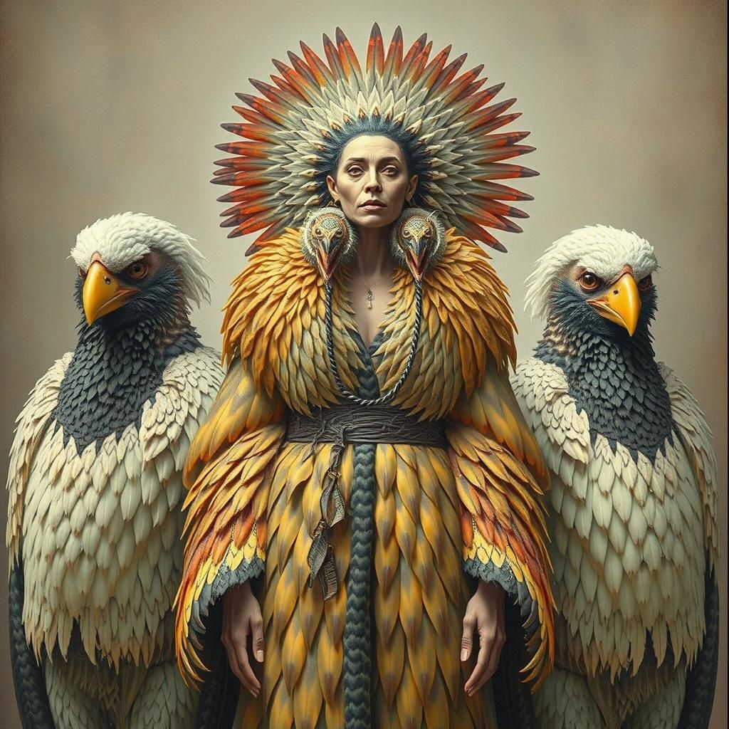 Surreal Scene: Woman and Bird-Costumed Figures