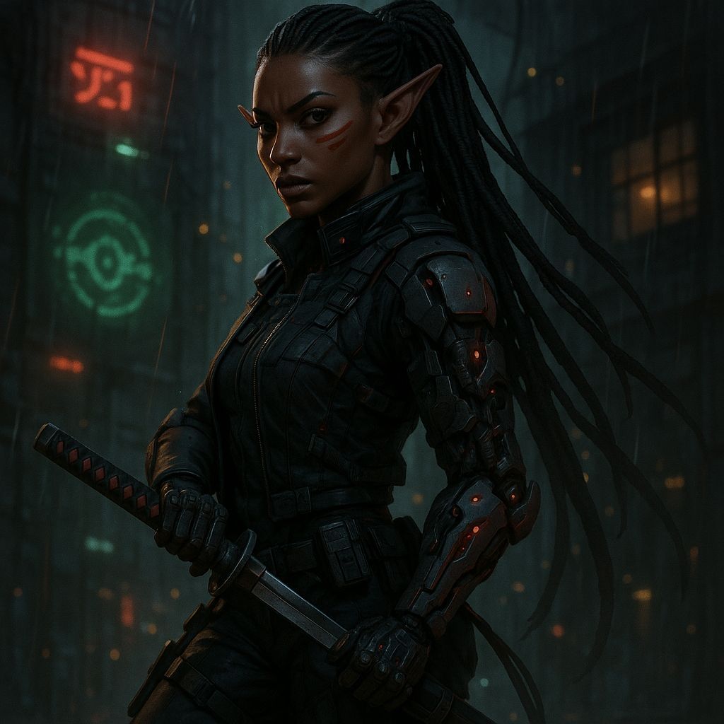 Shadowrun Female Wakyambi Street Samurai in Cyberpunk Style