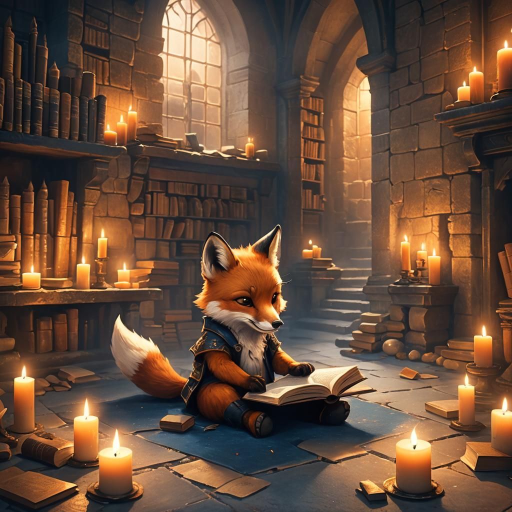 Fantasy Fox Kit Reading in Castle Library
