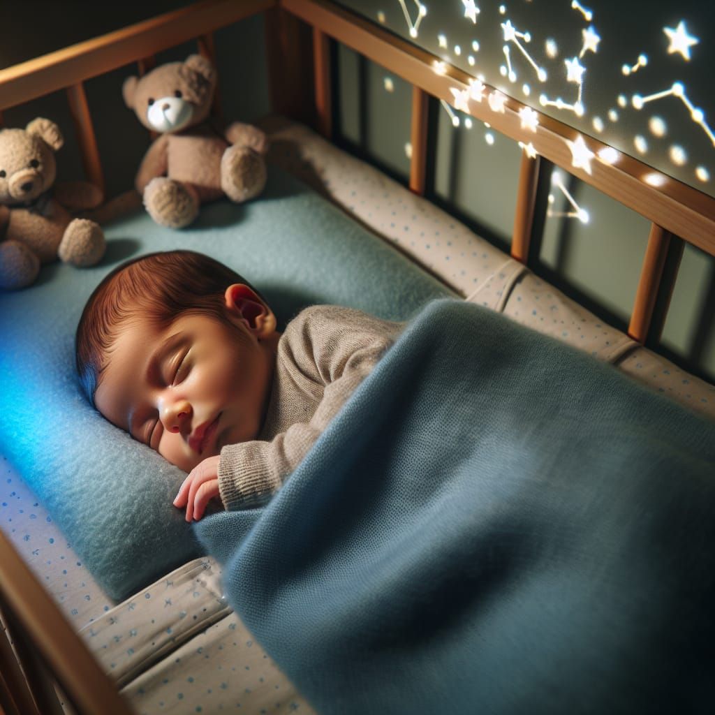 Sleeping Hispanic Infant in Crib with Starry Nightlight