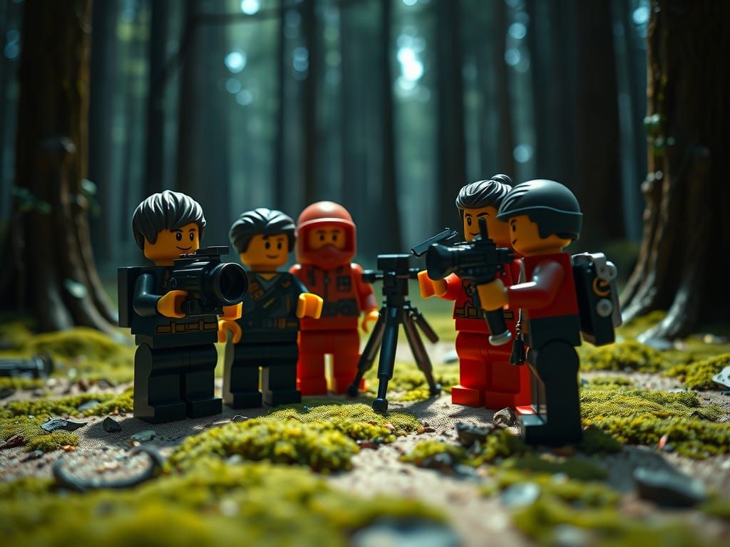 Lego Film Crew in Dark Forest: Photorealistic 18k