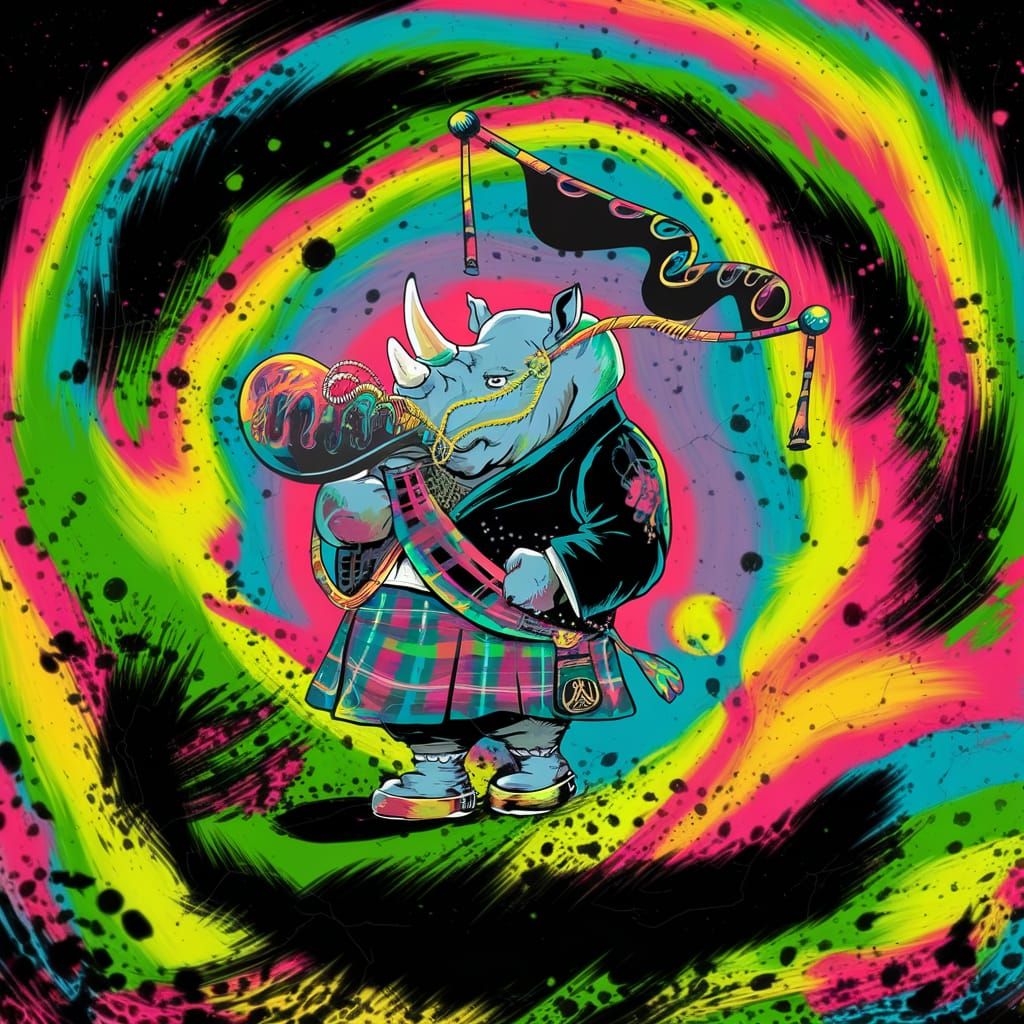 Rhino Plays Bagpipes in Psychedelic Scottish Kilt