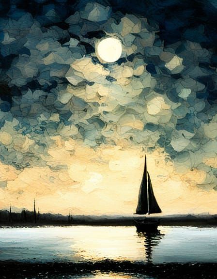 Sailboat on River Under Moonlight in Pointillist Style