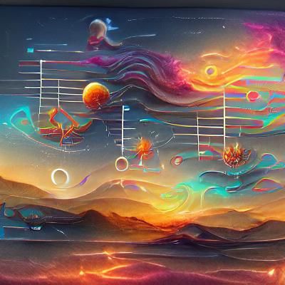 Astral Sunset Music Notes in Holographic Style