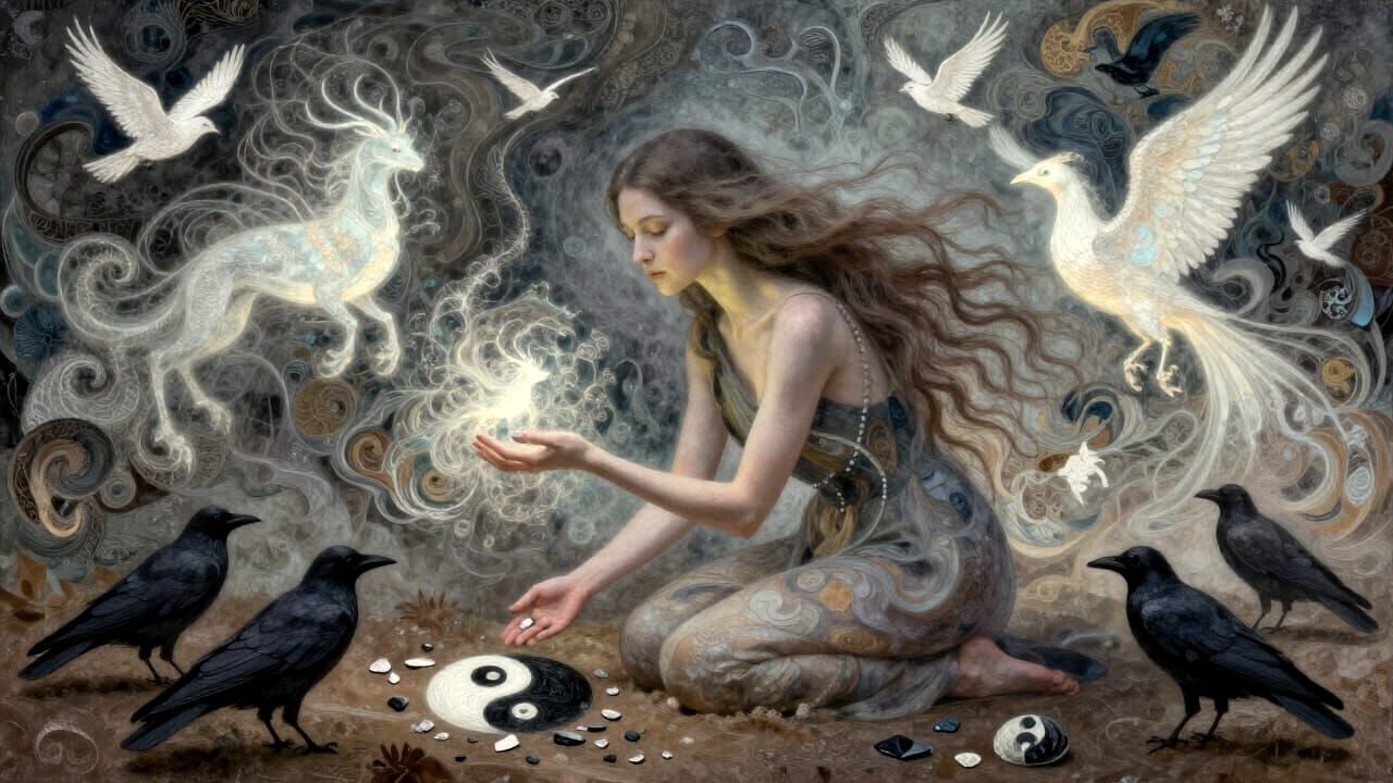 Woman Gathers Yin Yang Shards with Mythical Creatures