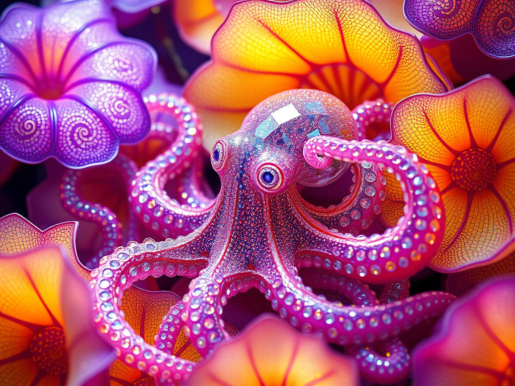 Crystal Octopus in Shellfish Garden, 3D Anime Art