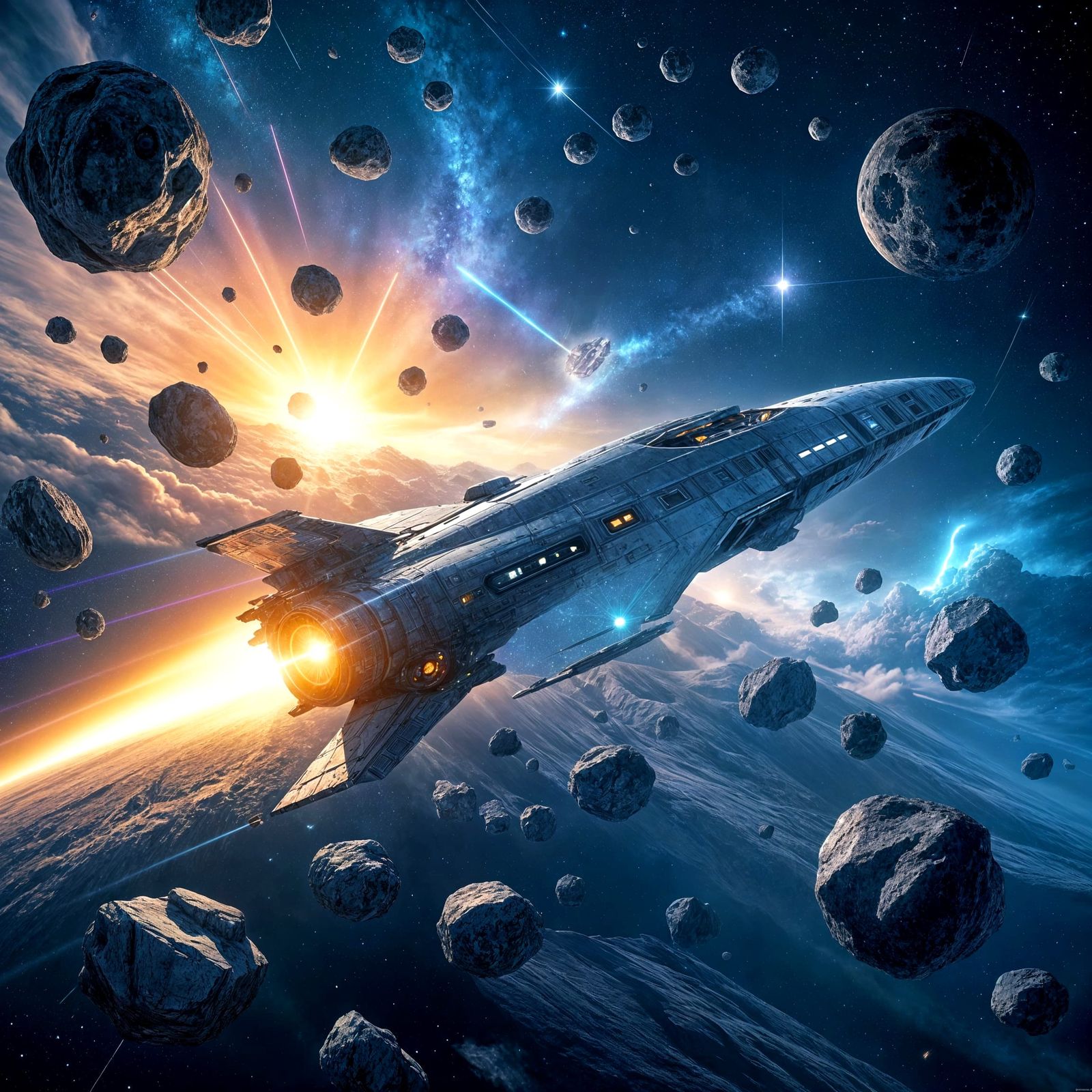 Futuristic Spacecraft Journey Through Asteroid Belt