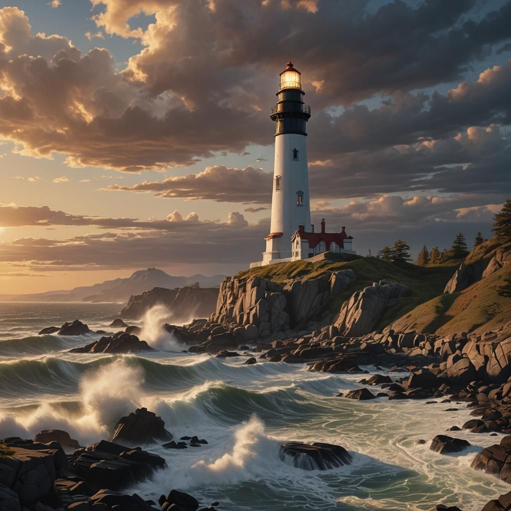 Lighthouse on Rocky Shore in Art Deco Style