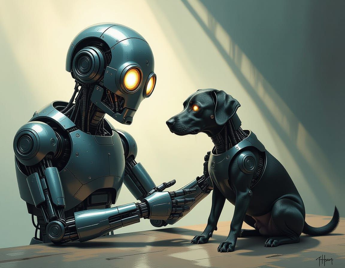 Creepy Robotic Man Pets Dog With Robot Head