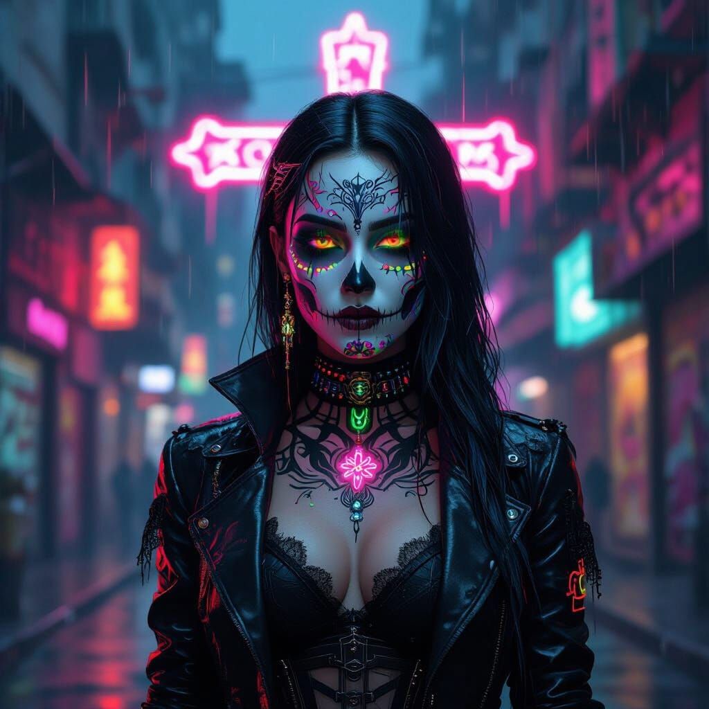 Cyberpunk Sugar Skull Girl with LED Tattoos in Neon City