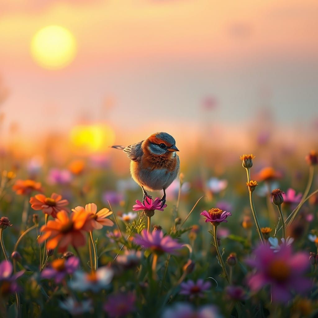 Vibrant Sparrow Searches for Seeds in a Lush, Hyper-Realisti...