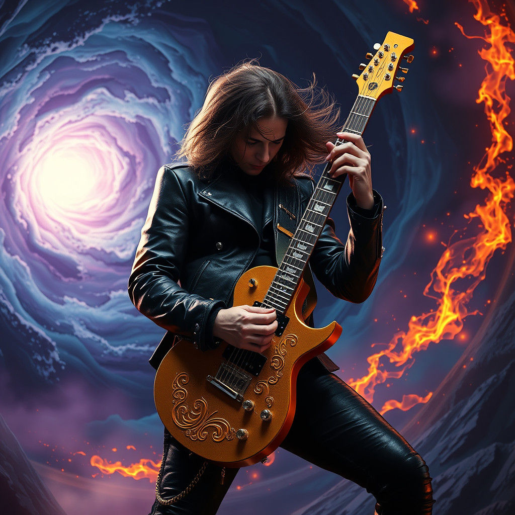 Rock Guitarist Shredding on Golden Guitar