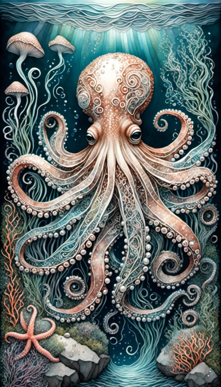 A detailed portrait of an intelligent and versatile octopus sitting on a rock at the bottom of the ocean, a shimmering p...