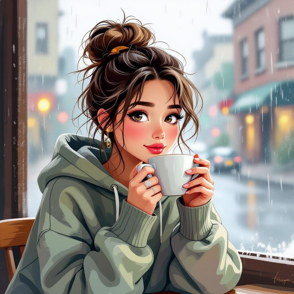 Dreamy Woman Sipping Coffee on Rainy Morning in Gouache Styl...
