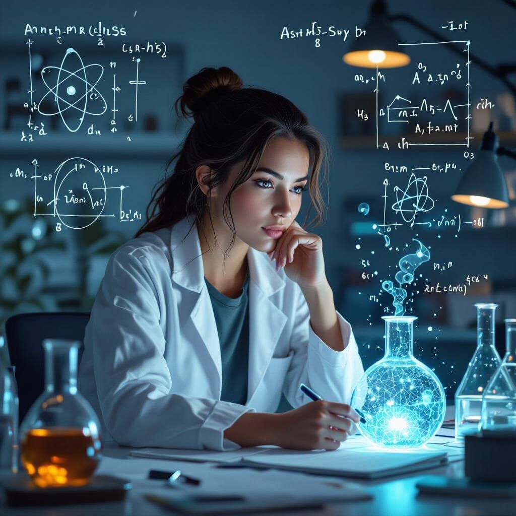 Woman Contemplates Bohmian Mechanics in Digital Painting Sty...