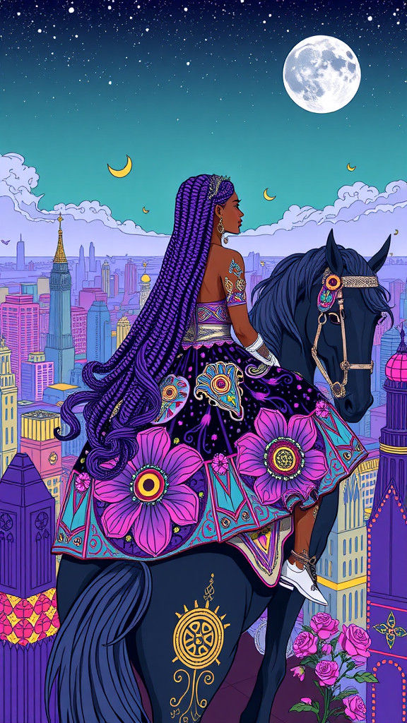 Woman on Cyberhorse Overlooking Futuristic Cityscape