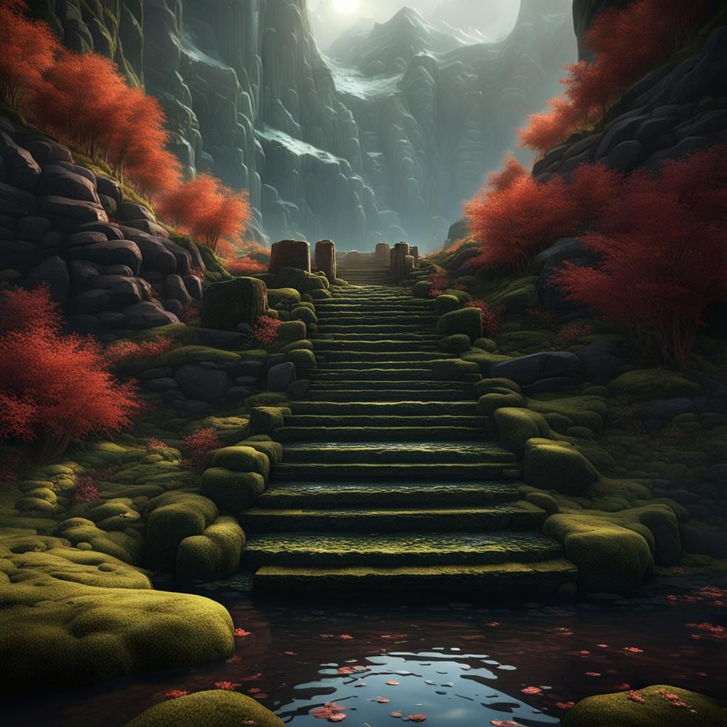 Mossy Staircase Descending Into Lake: Fantasy Concept Art
