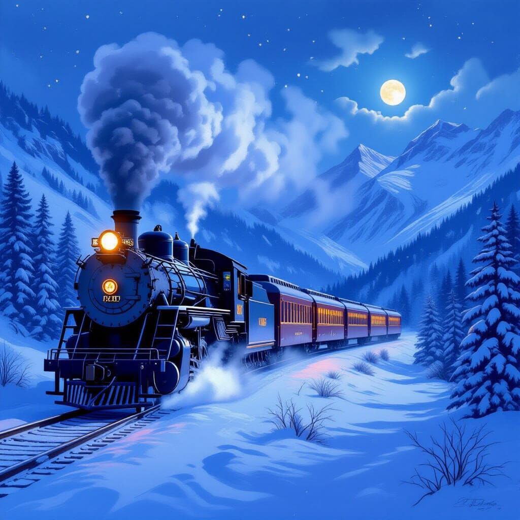 Majestic Steam Train in Snowy Mountain Pass