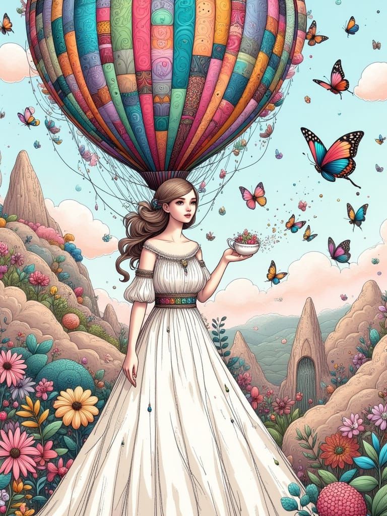 Woman on Balloon Journey with Butterflies, Watercolor Style