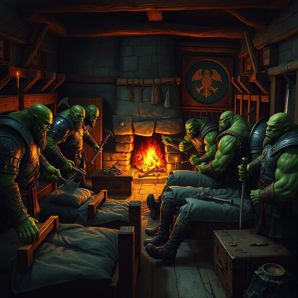 Militant Green Orcs Prepare for Slumber in Medieval Barracks