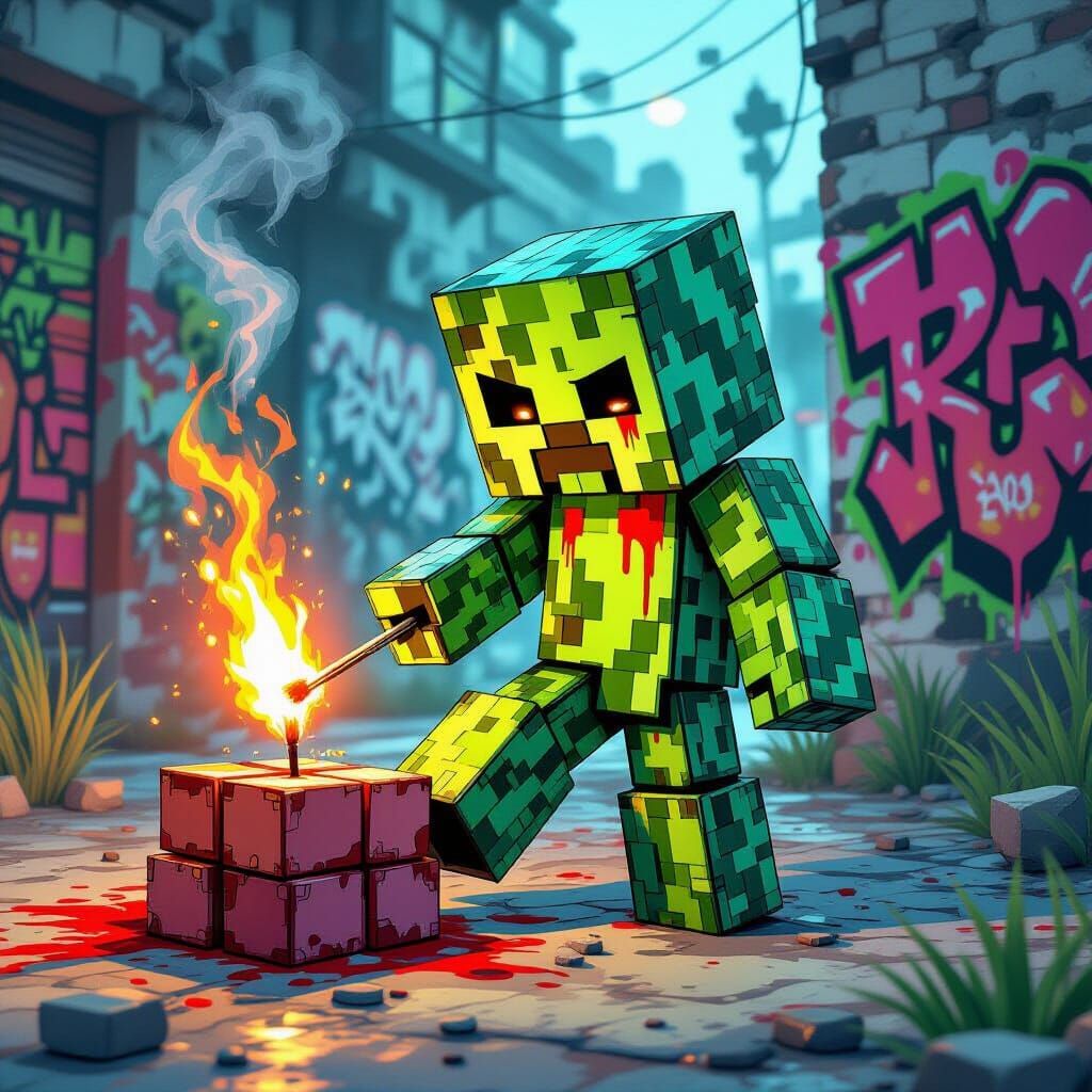 Creeper Ignites TNT in Minecraft Graffiti Art Style