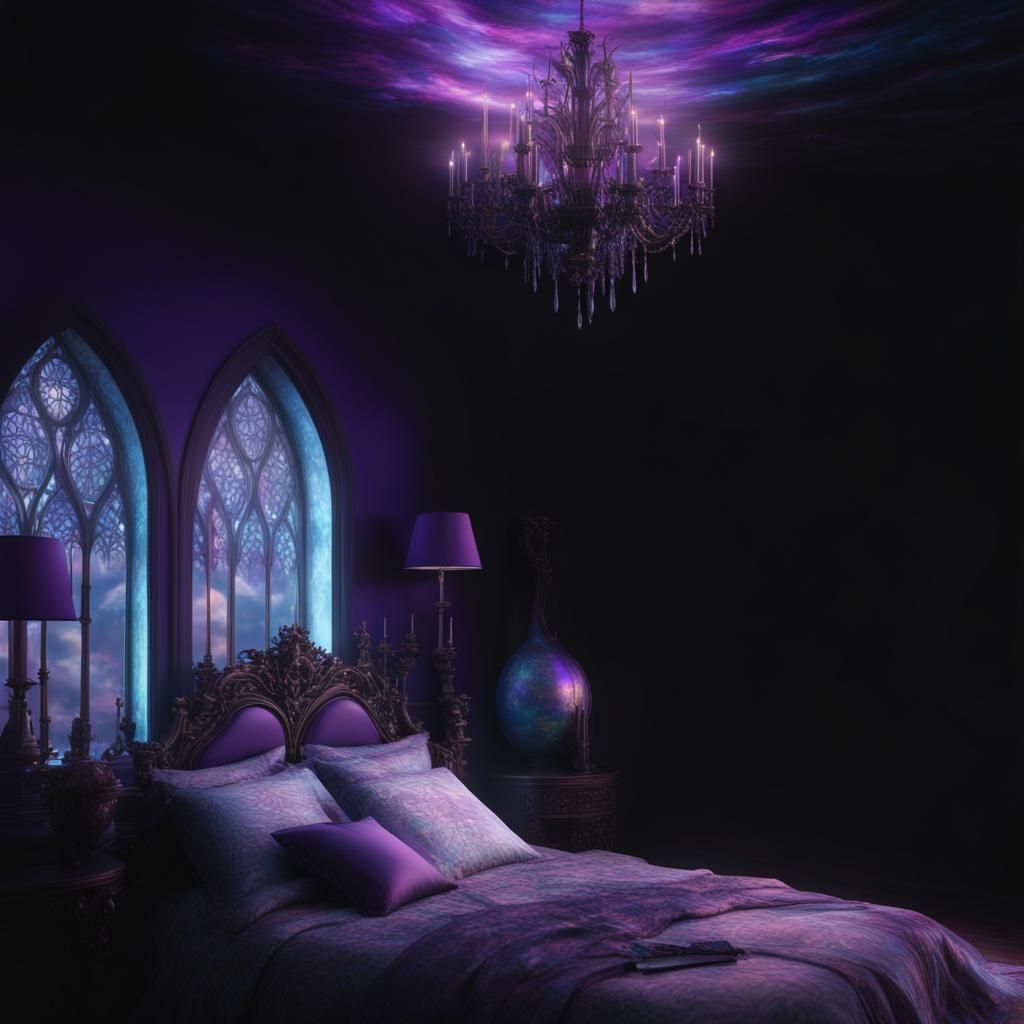 Multi chromatic holographic purple gothic bedroom with holog...