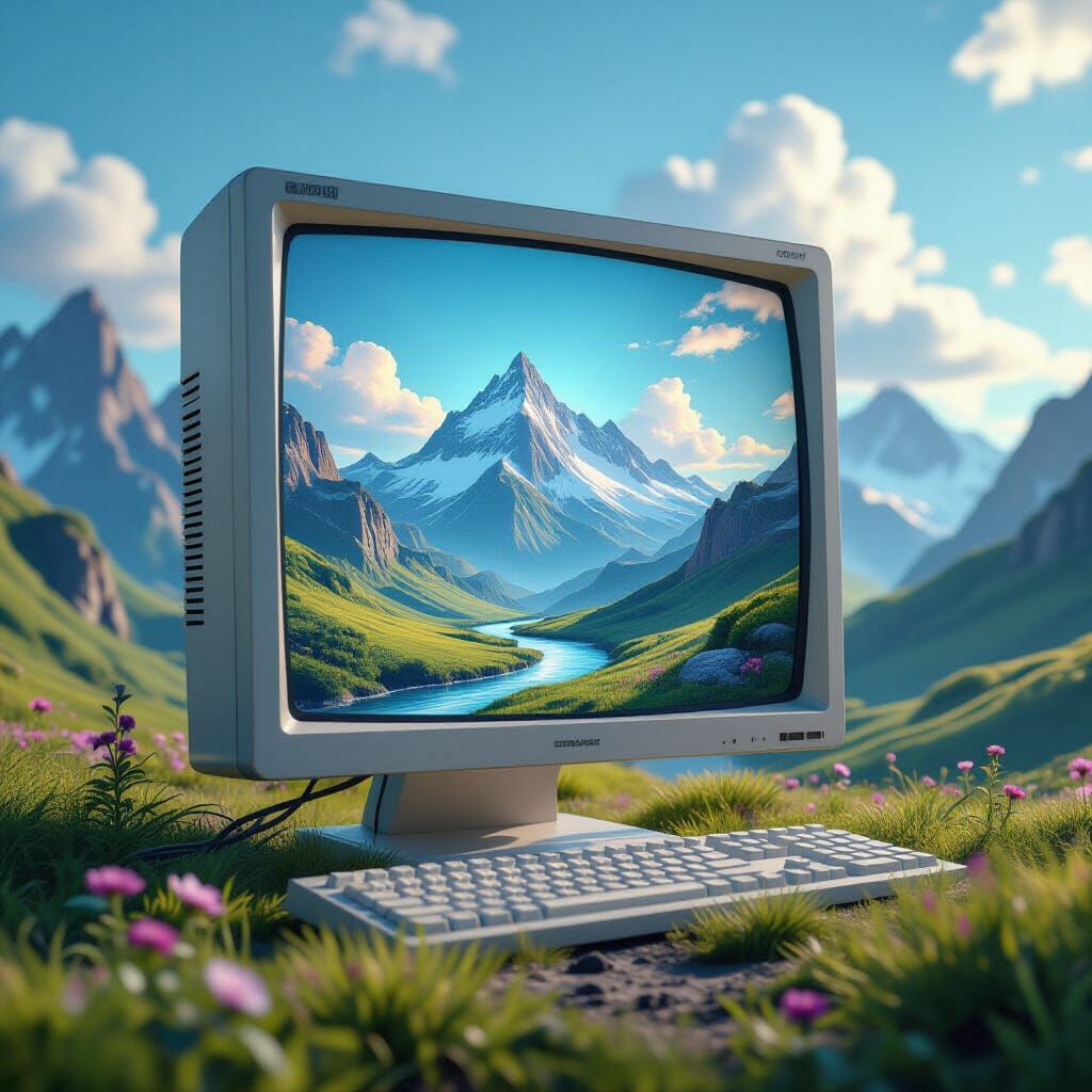 Surreal Landscape Emerges from Vintage Computer Screen