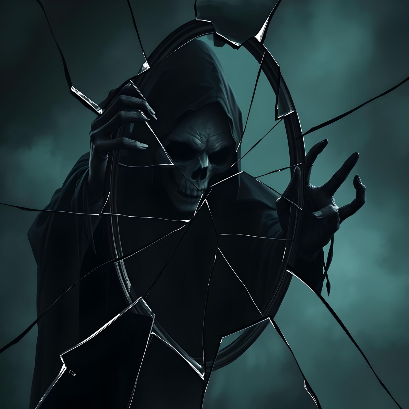Grim Reaper Reflection in Broken Mirror Shards
