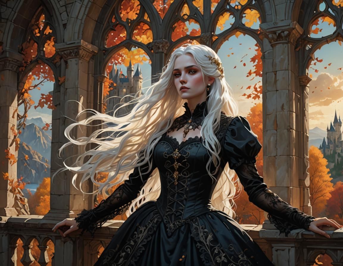 Gothic Lady in Castle Window, Splash Art Style